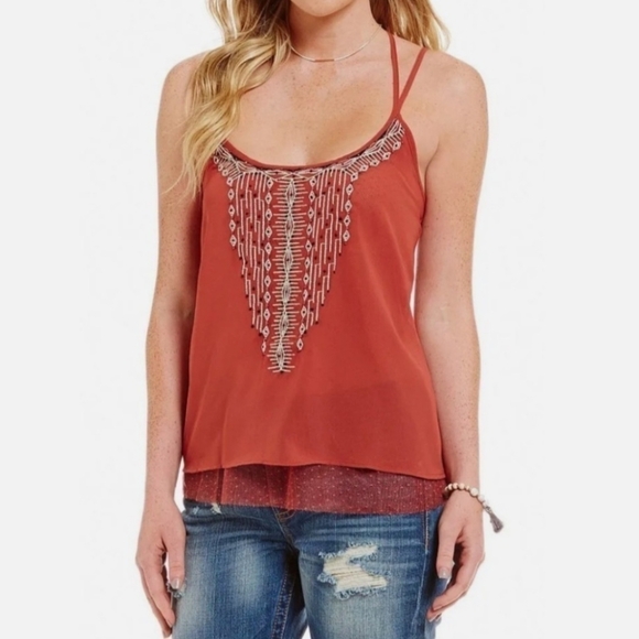 Miss Me Tops - Miss Me Strappy Embroidered Aztec Print Open Back Tank Top Size Large Festival